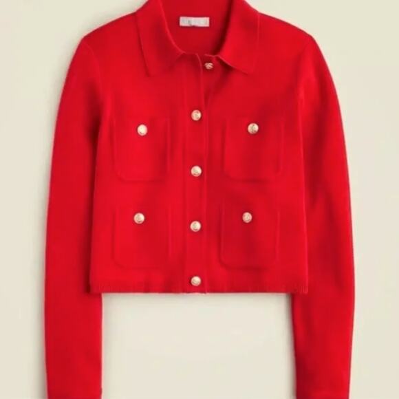 J. CREW Patch-Pocket Sweater Lady Jacket Red Sz M $158 {T33} - Picture 3 of 8